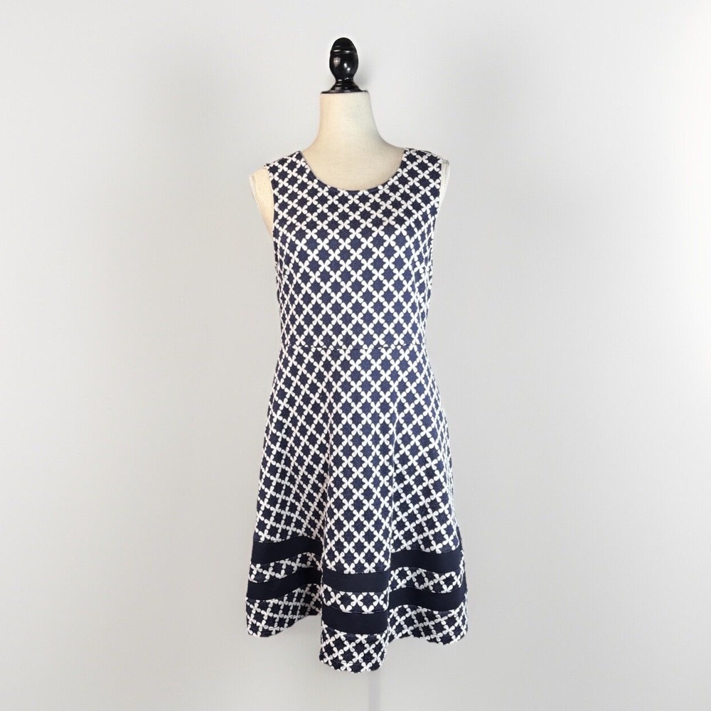 Mauvettte Dress L Sleeveless Fit Flare Navy Mod Preppy Knee Length Career Office